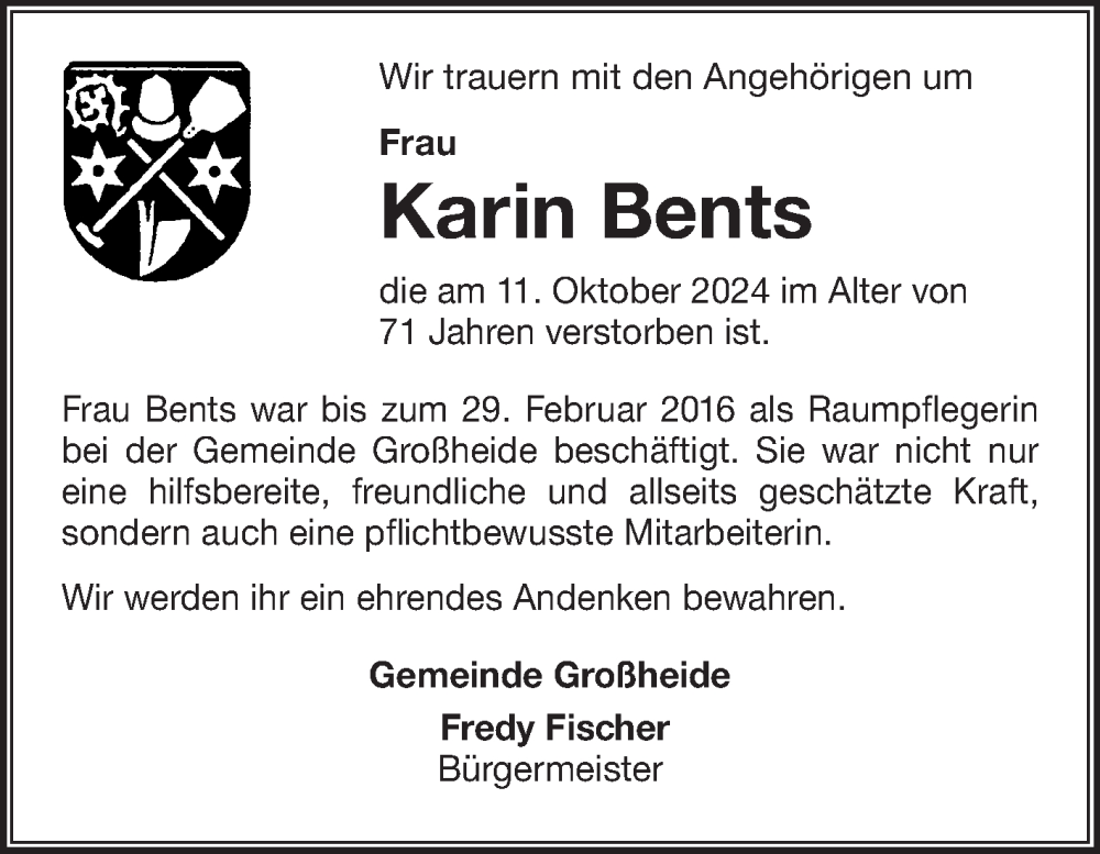  Traueranzeige für Karin Bents vom 16.10.2024 aus Ostfriesischer Kurier GmbH