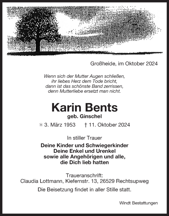 Traueranzeige von Karin Bents von Ostfriesischer Kurier GmbH