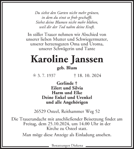 Traueranzeige von Karoline Janssen von Ostfriesischer Kurier GmbH