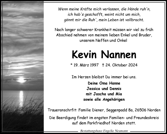 Traueranzeige von Kevin Nannen von Ostfriesischer Kurier GmbH