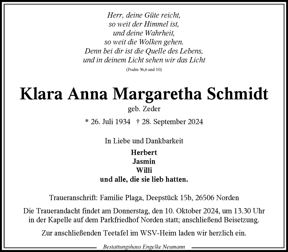  Traueranzeige für Klara Anna Margaretha Schmidt vom 05.10.2024 aus Ostfriesischer Kurier GmbH