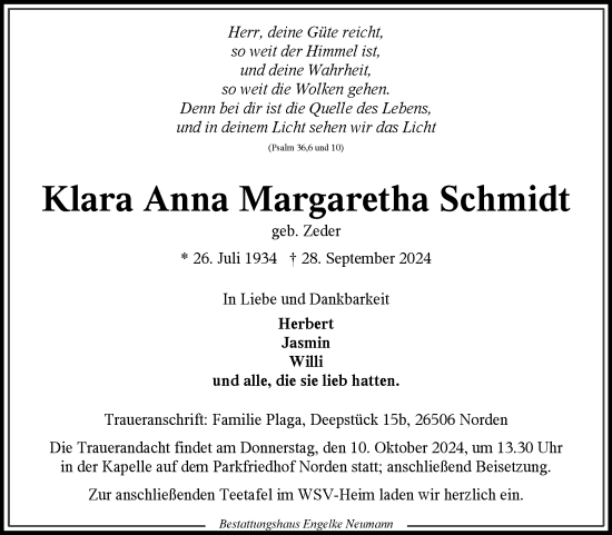 Traueranzeige von Klara Anna Margaretha Schmidt von Ostfriesischer Kurier GmbH