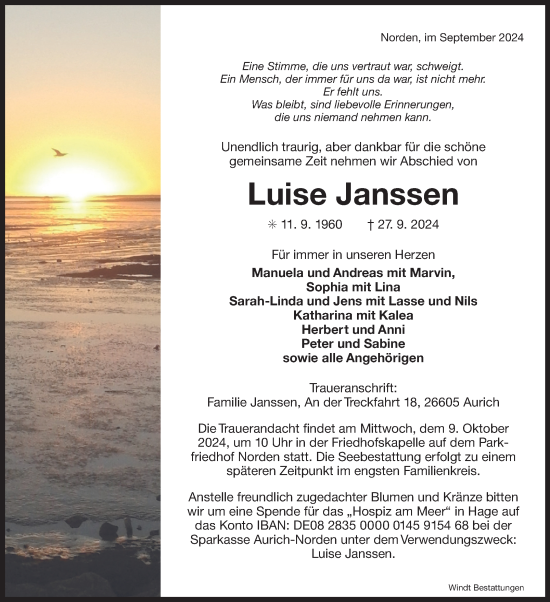 Traueranzeige von Luise Janssen von Ostfriesischer Kurier GmbH