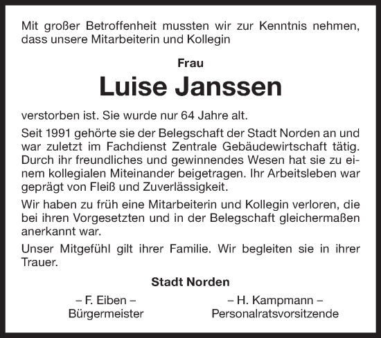 Traueranzeige von Luise Janssen von Ostfriesischer Kurier GmbH