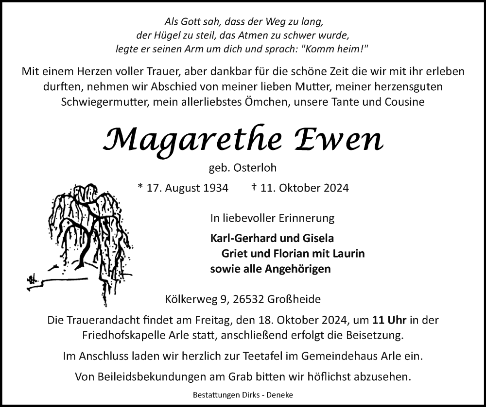  Traueranzeige für Magarethe Ewen vom 15.10.2024 aus Ostfriesischer Kurier GmbH