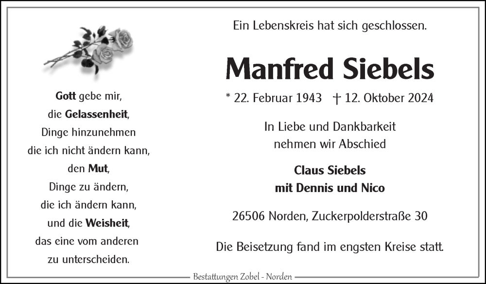  Traueranzeige für Manfred Siebels vom 19.10.2024 aus Ostfriesischer Kurier GmbH