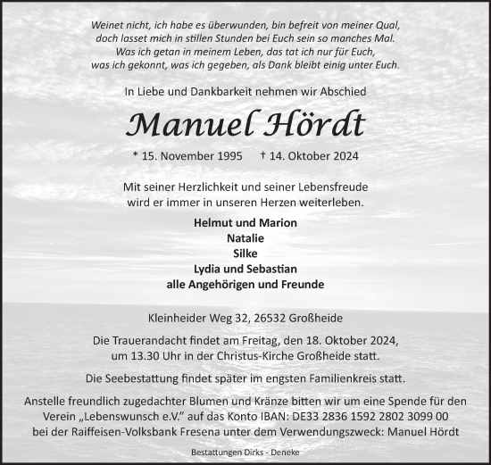 Traueranzeige von Manuel Hördt von Ostfriesischer Kurier GmbH
