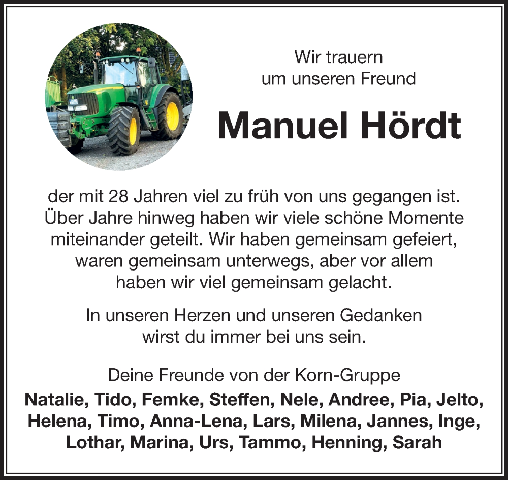  Traueranzeige für Manuel Hördt vom 16.10.2024 aus Ostfriesischer Kurier GmbH