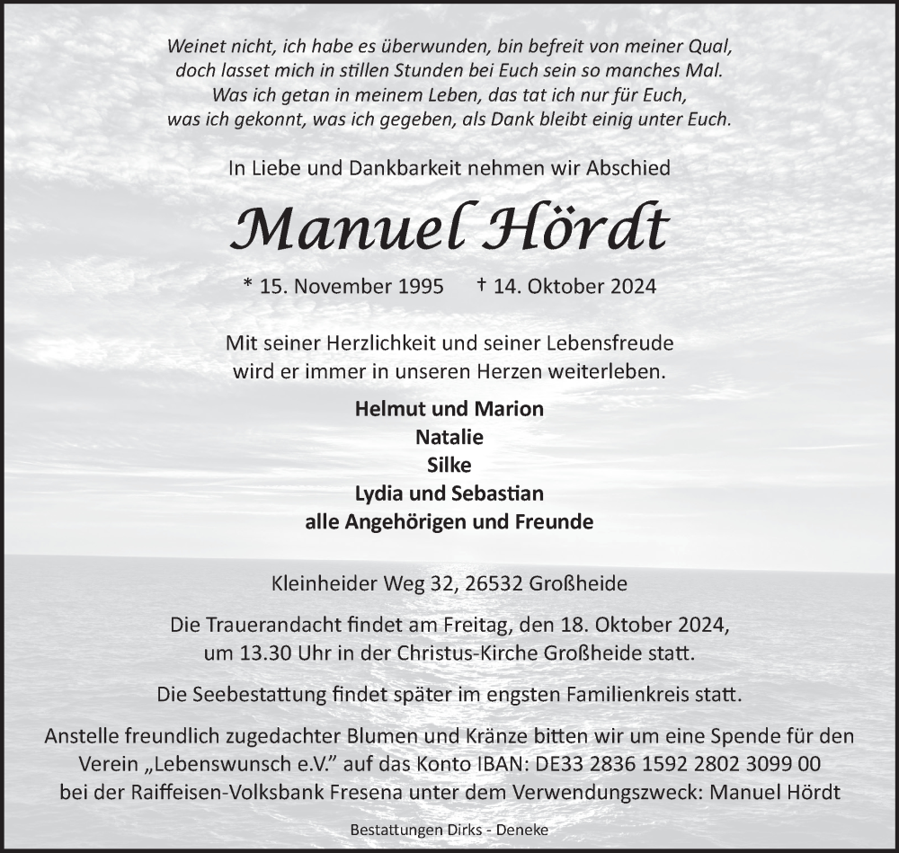  Traueranzeige für Manuel Hördt vom 16.10.2024 aus Ostfriesischer Kurier GmbH