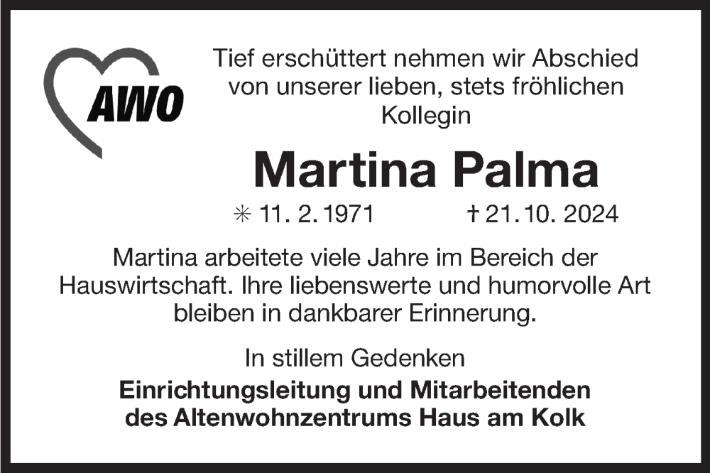  Traueranzeige für Martina Palma vom 29.10.2024 aus Ostfriesischer Kurier GmbH