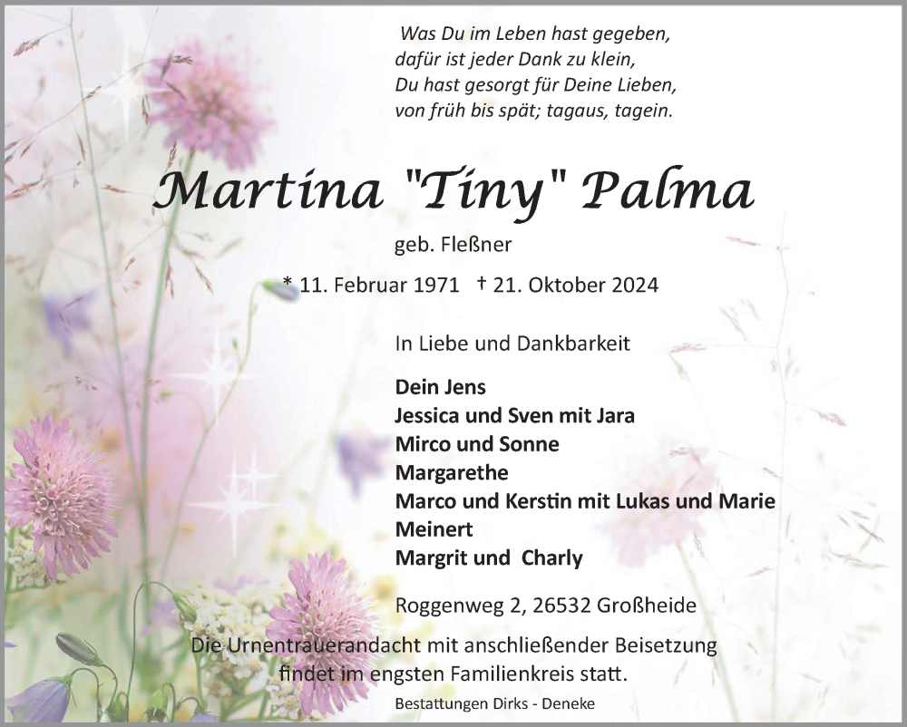  Traueranzeige für Martina Palma vom 26.10.2024 aus Ostfriesischer Kurier GmbH