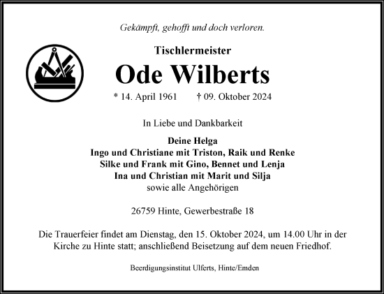 Traueranzeige von Ode Wilberts von Ostfriesischer Kurier GmbH