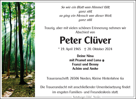 Traueranzeige von Peter Clüver von Ostfriesischer Kurier GmbH