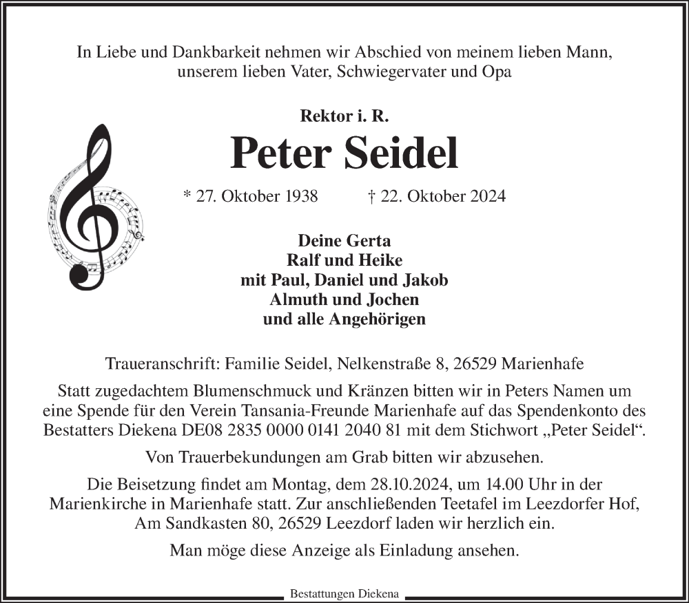  Traueranzeige für Peter Seidel vom 25.10.2024 aus Ostfriesischer Kurier GmbH