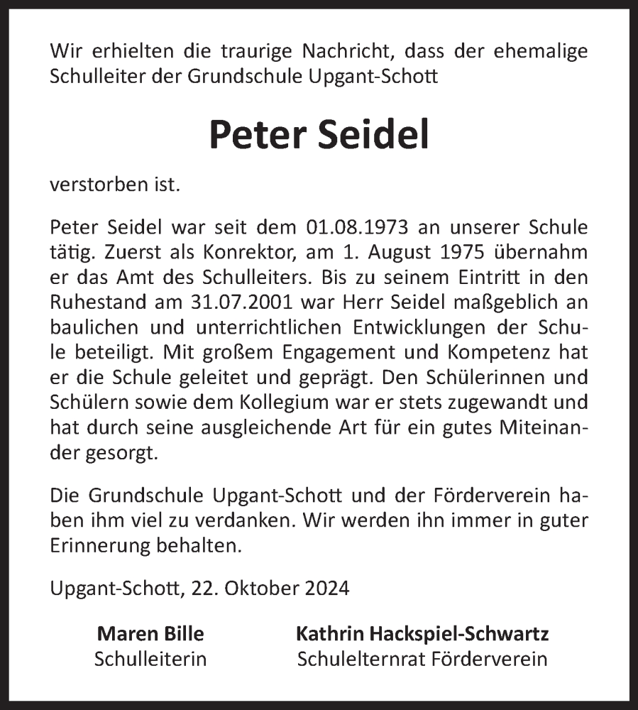  Traueranzeige für Peter Seidel vom 29.10.2024 aus Ostfriesischer Kurier GmbH