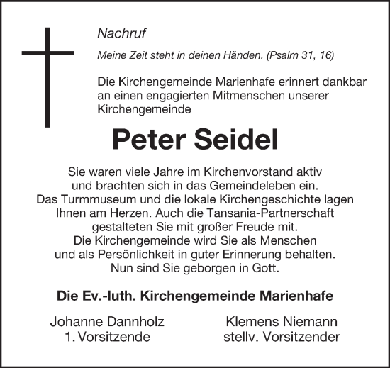 Traueranzeige von Peter Seidel von Ostfriesischer Kurier GmbH