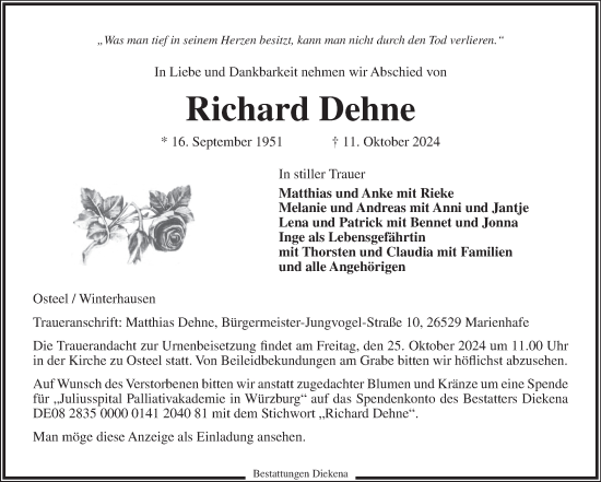 Traueranzeige von Richard Dehne von Ostfriesischer Kurier GmbH