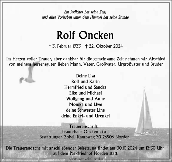 Traueranzeige von Rolf Oncken von Ostfriesischer Kurier GmbH