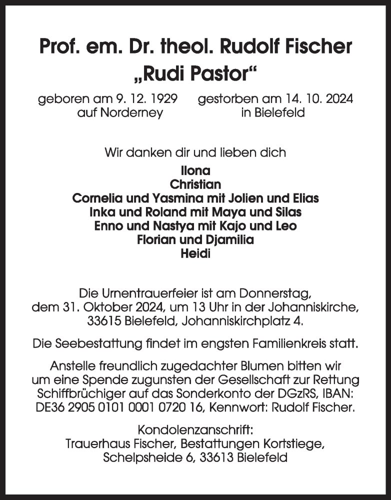  Traueranzeige für Rudolf Fischer vom 16.10.2024 aus Ostfriesischer Kurier GmbH