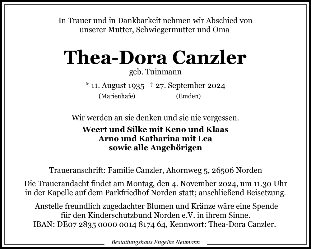  Traueranzeige für Thea-Dora Canzler vom 05.10.2024 aus Ostfriesischer Kurier GmbH