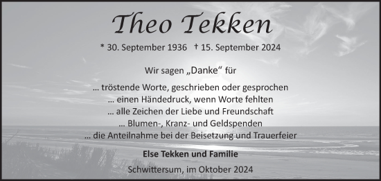 Traueranzeige von Theo Tekken von Ostfriesischer Kurier GmbH