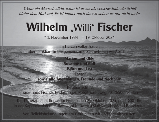 Traueranzeige von Wilhelm Fischer von Ostfriesischer Kurier GmbH