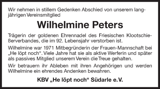 Traueranzeige von Wilhelmine Peters von Ostfriesischer Kurier GmbH