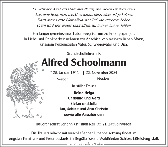 Traueranzeige von Alfred Schoolmann von Ostfriesischer Kurier GmbH