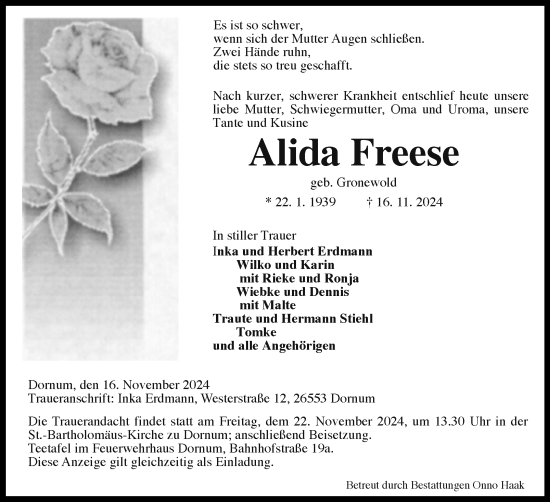Traueranzeige von Alida Freese von Ostfriesischer Kurier GmbH