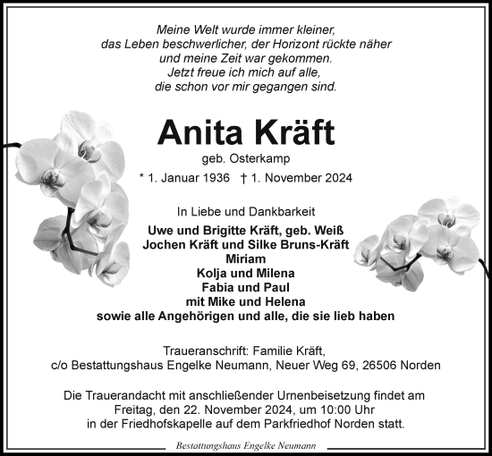 Traueranzeige von Anita Kräft von Ostfriesischer Kurier GmbH