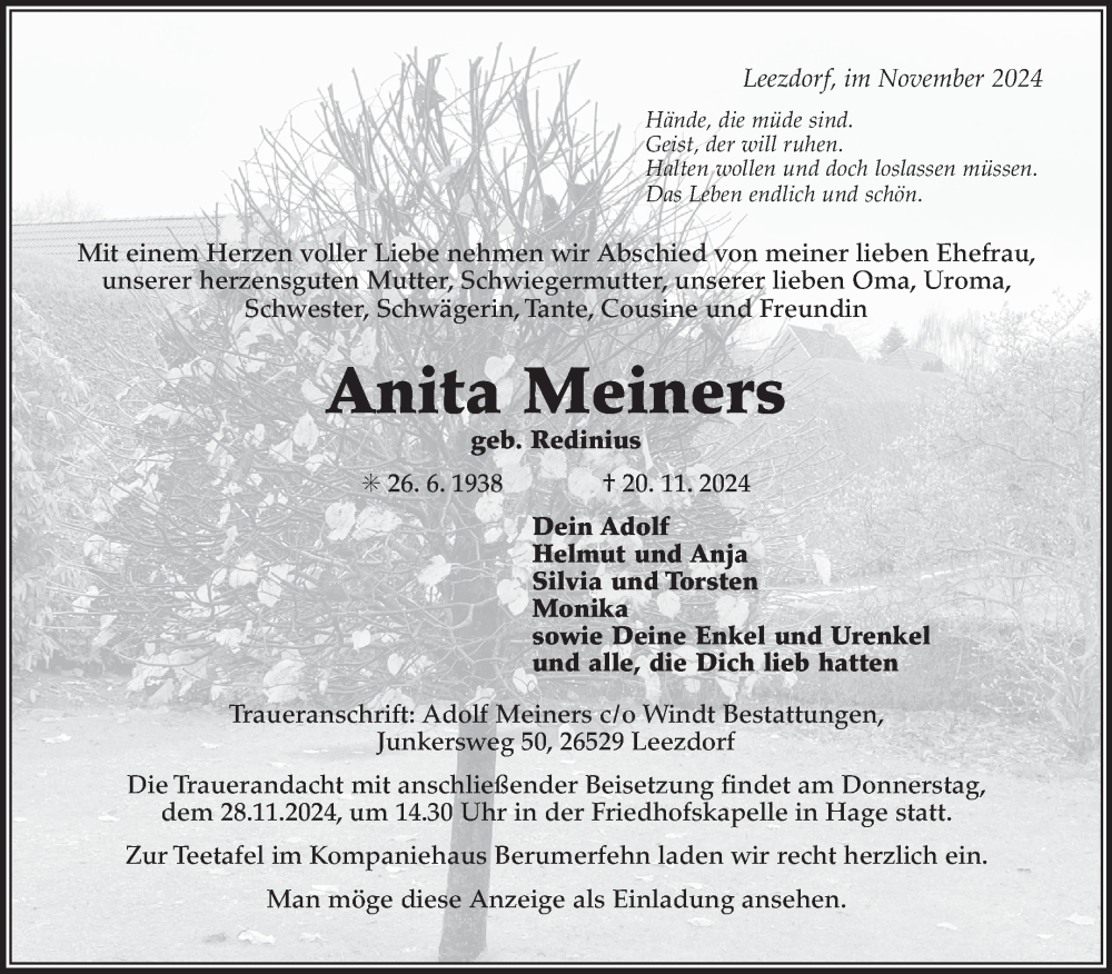  Traueranzeige für Anita Meiners vom 23.11.2024 aus Ostfriesischer Kurier GmbH