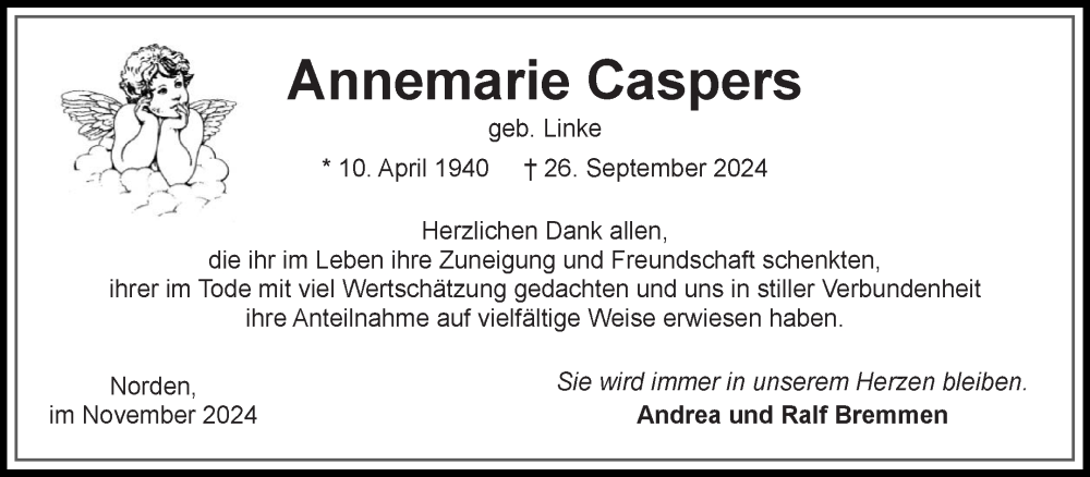  Traueranzeige für Annemarie Caspers vom 09.11.2024 aus Ostfriesischer Kurier GmbH