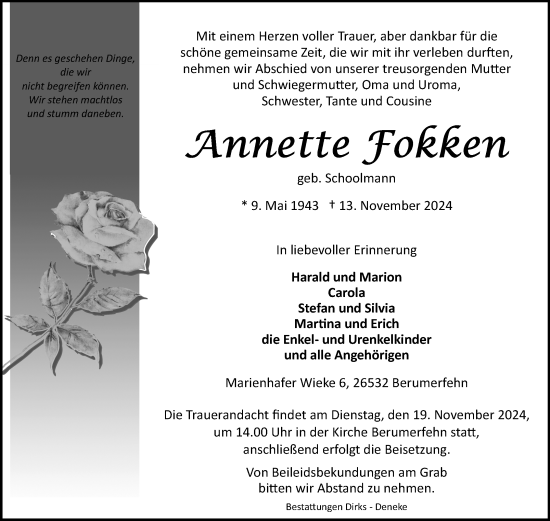 Traueranzeige von Annette Fokken von Ostfriesischer Kurier GmbH