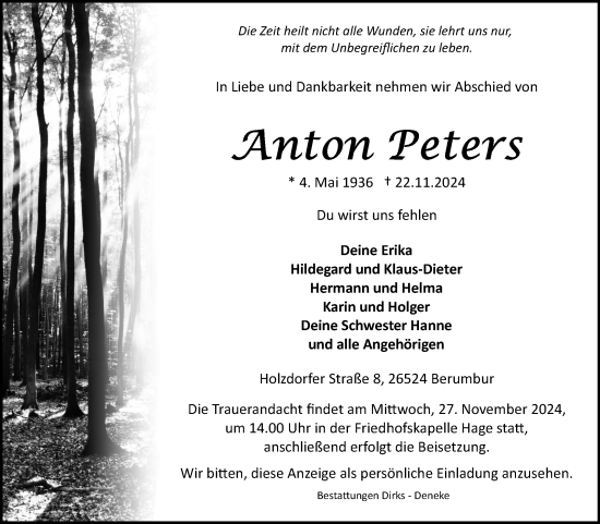 Traueranzeige von Anton Peters von Ostfriesischer Kurier GmbH