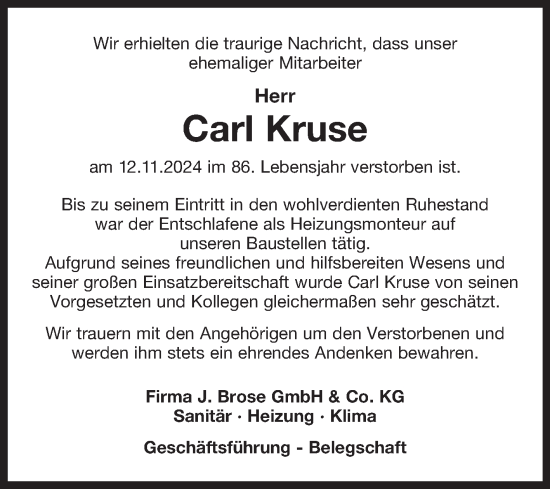 Traueranzeige von Carl Kruse von Ostfriesischer Kurier GmbH