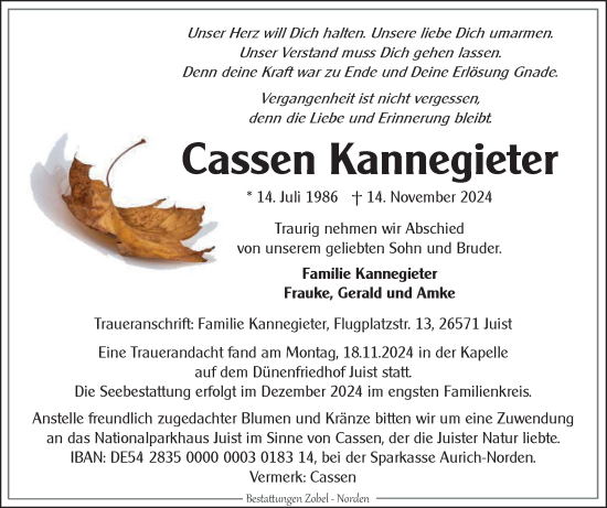 Traueranzeige von Cassen Kannegieter von Ostfriesischer Kurier GmbH