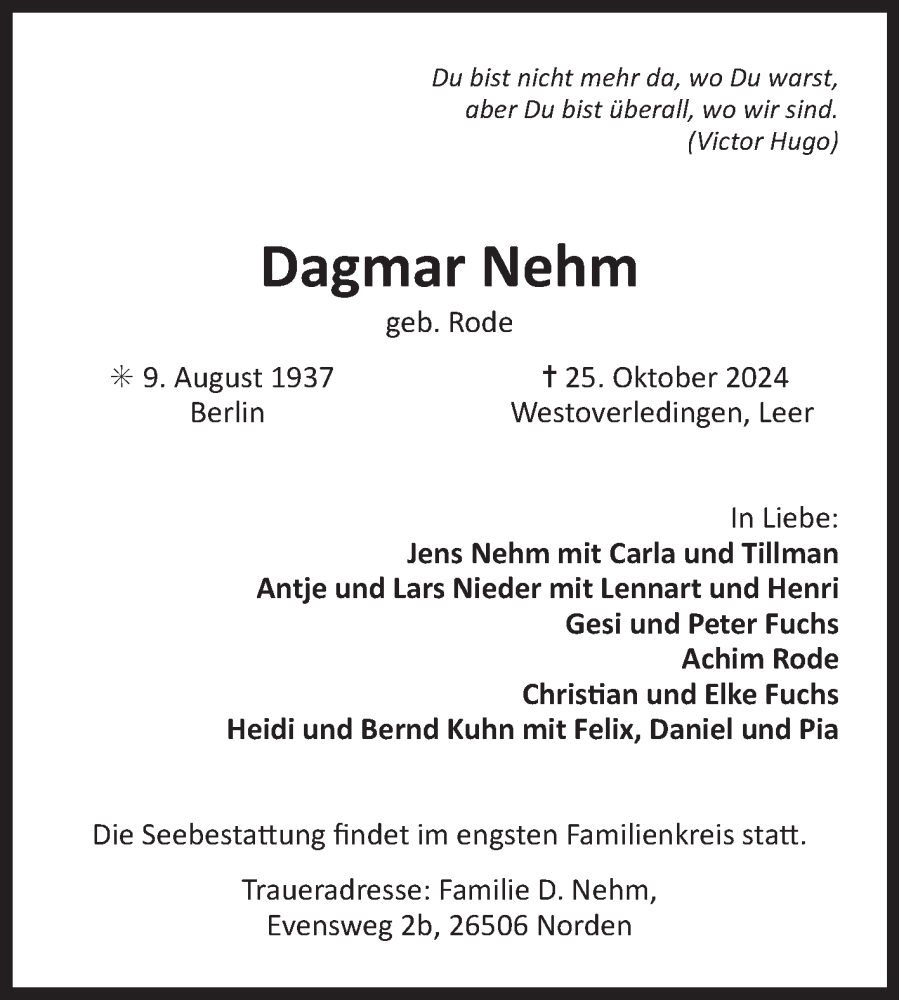  Traueranzeige für Dagmar Nehm vom 09.11.2024 aus Ostfriesischer Kurier GmbH