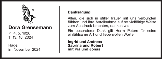 Traueranzeige von Dora Grensemann von Ostfriesischer Kurier GmbH