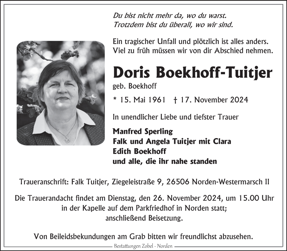  Traueranzeige für Doris Boekhoff-Tuitjer vom 23.11.2024 aus Ostfriesischer Kurier GmbH