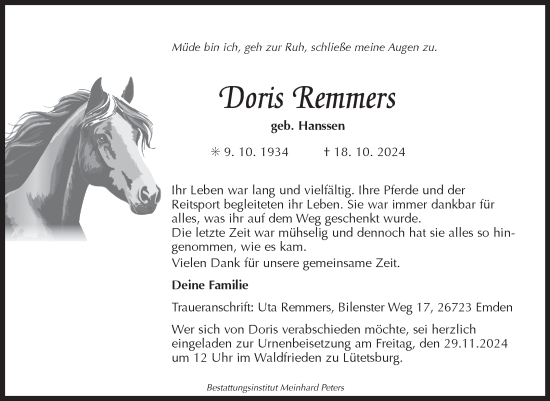 Traueranzeige von Doris Remmers von Ostfriesischer Kurier GmbH