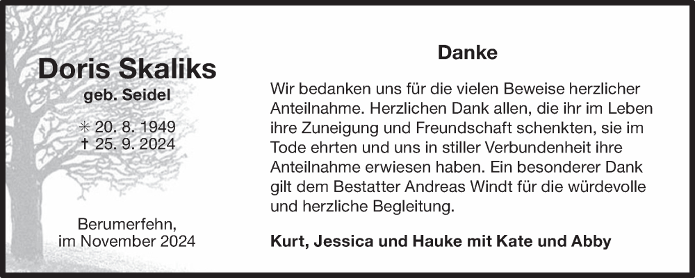  Traueranzeige für Doris Skaliks vom 09.11.2024 aus Ostfriesischer Kurier GmbH