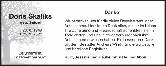 Traueranzeige von Doris Skaliks von Ostfriesischer Kurier GmbH