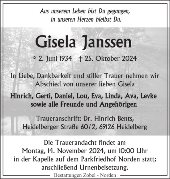 Traueranzeige von Gisela Janssen von Ostfriesischer Kurier GmbH