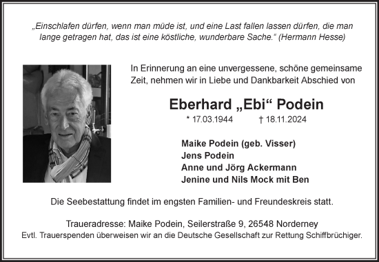 Traueranzeige von Eberhard Podein von Ostfriesischer Kurier GmbH