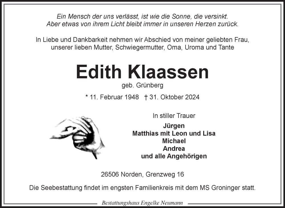  Traueranzeige für Edith Klaassen vom 02.11.2024 aus Ostfriesischer Kurier GmbH