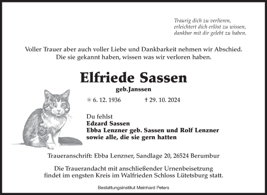 Traueranzeige von Elfriede Sassen von Ostfriesischer Kurier GmbH