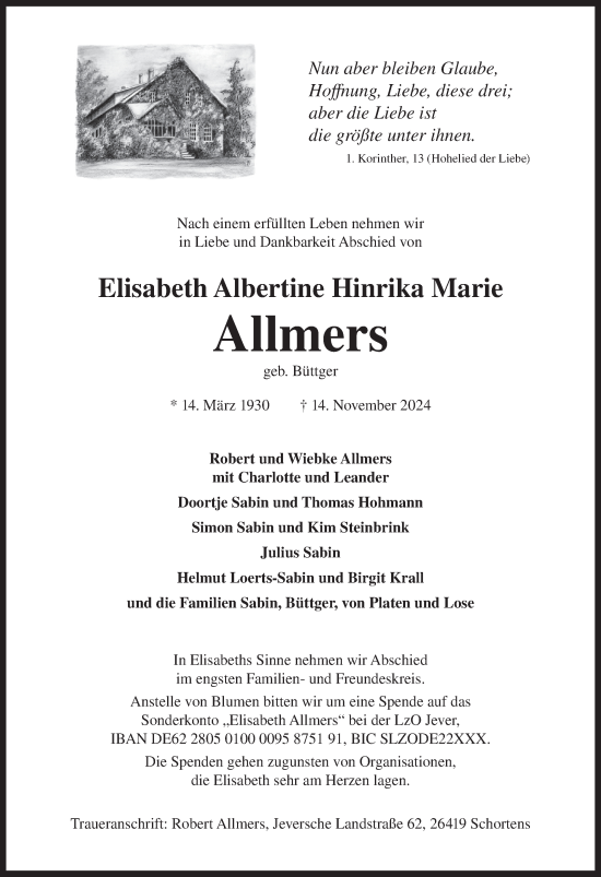 Traueranzeige von Elisabeth Albertine Hinrika Marie Allmers von Ostfriesischer Kurier GmbH