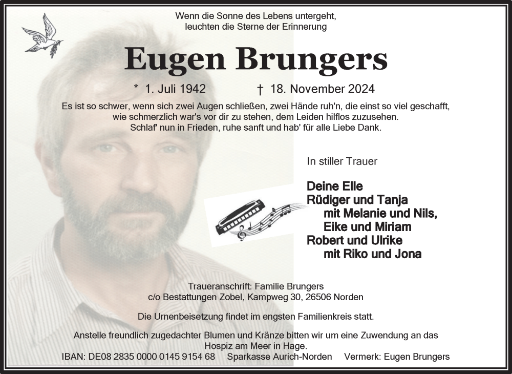  Traueranzeige für Eugen Brungers vom 30.11.2024 aus Ostfriesischer Kurier GmbH