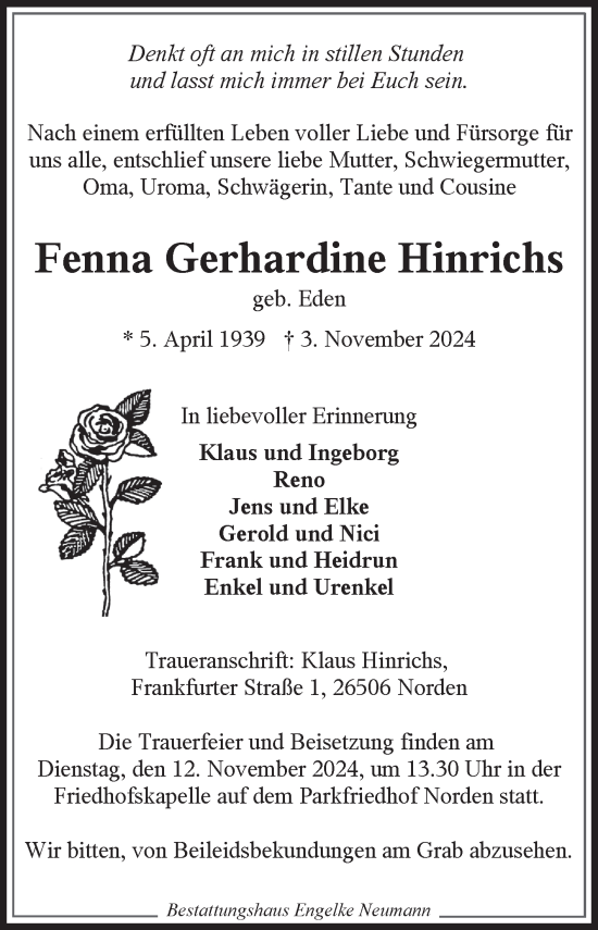Traueranzeige von Fenna  Hinrichs von Ostfriesischer Kurier GmbH