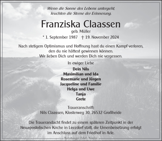 Traueranzeige von Franziska Claassen von Ostfriesischer Kurier GmbH
